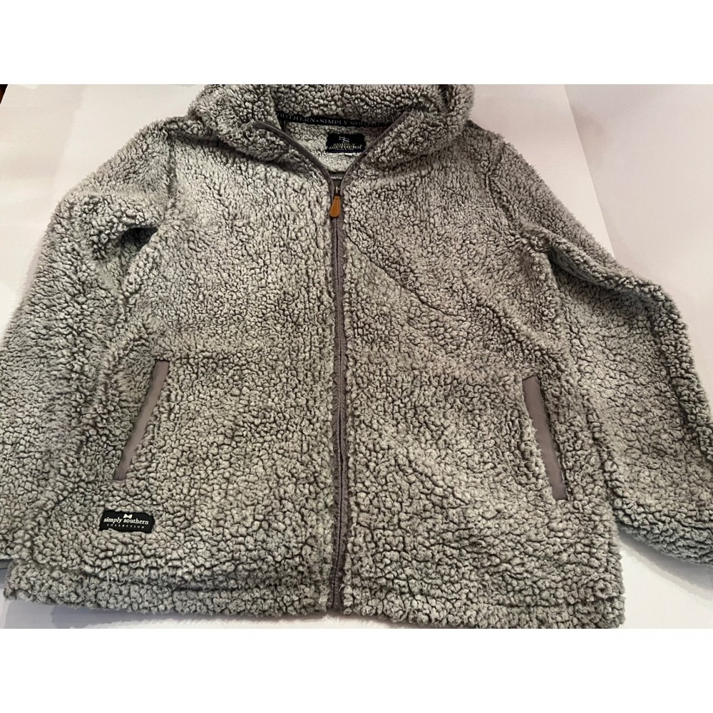 Simply Southern Grey Sherpa Fleece Full Zip Hooded Jacket Womens Large